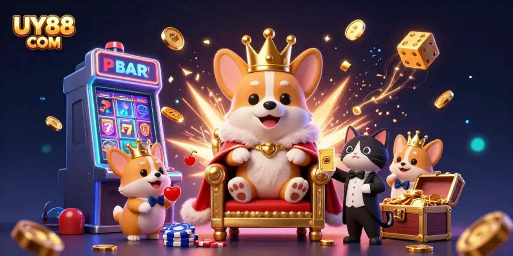 Experience the excitement of UY88 COM as a royal corgi in a golden crown enjoys a vibrant casino scene.