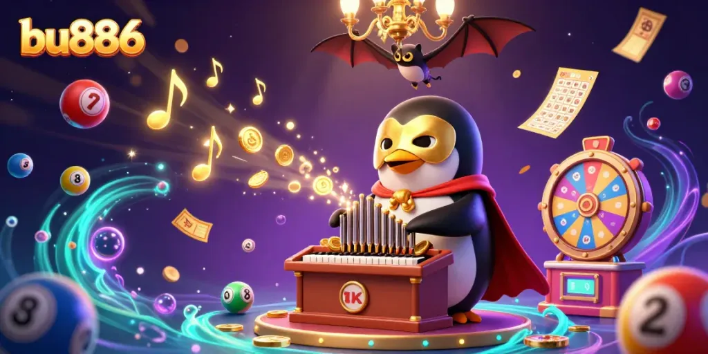 Experience the thrilling moments at bu886 with a dynamic scene of a penguin and bat in a casino setting.