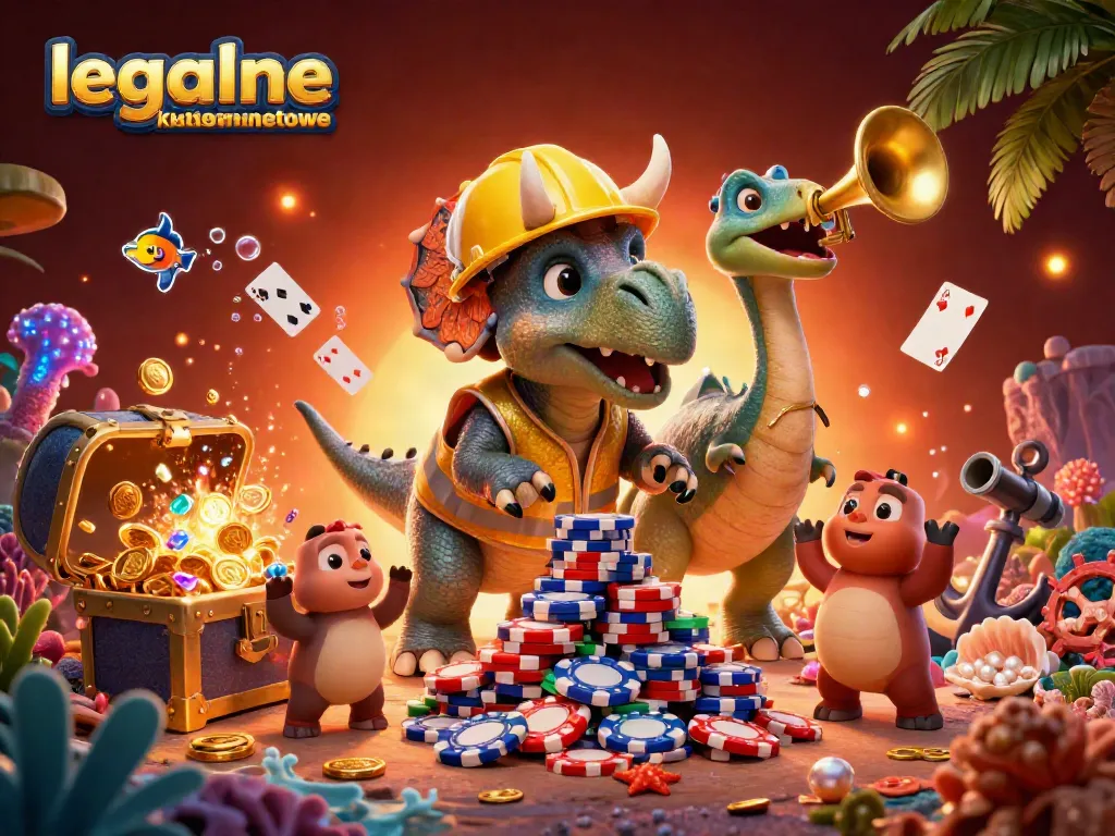 Engage in thrilling games at legalne kasyna internetowe with vibrant characters celebrating wins and colorful treasures.