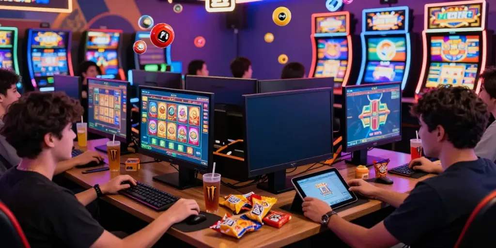 Players enjoying link gacor games in a lively gaming lounge, surrounded by vibrant visuals and snacks.