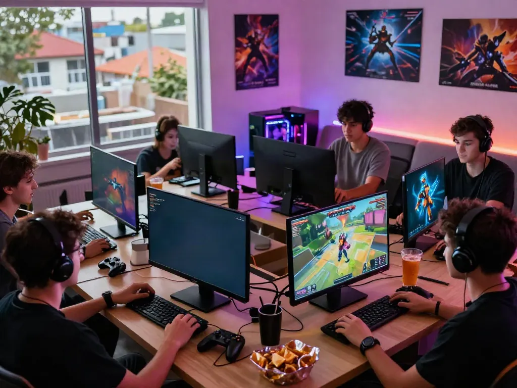 Kilat404 gaming scene with friends focused on multiplayer action in a cozy living room.