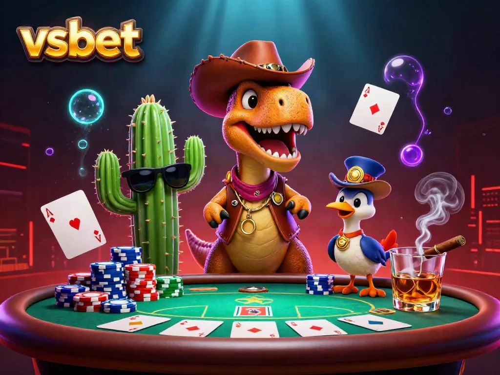 Experience thrilling poker action with vsbet featuring a cowboy T-Rex and friends surrounded by chips and cards.