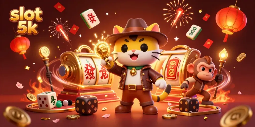 Experience excitement with the slot 5k as an explorer cat discovers treasure in a vibrant casino.