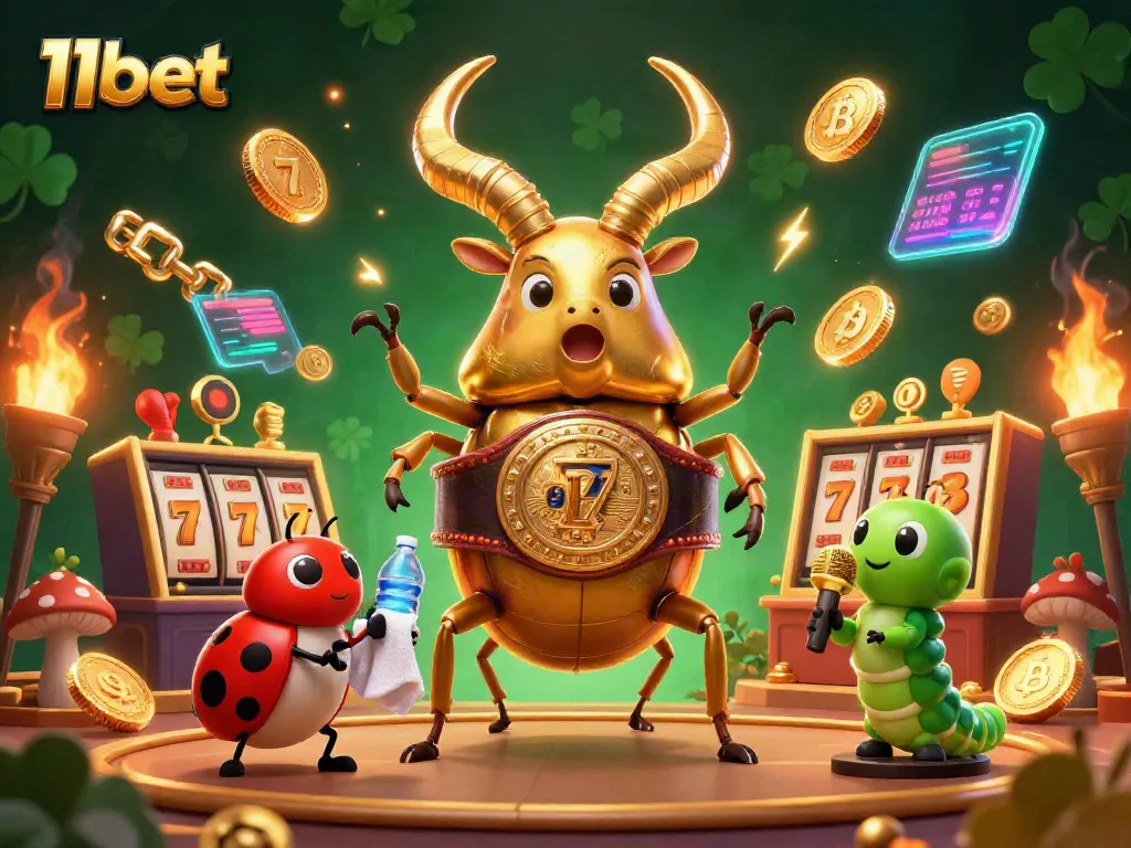 Engage with 11bet’s thrilling casino scene featuring a golden beetle champ, crypto coins, and immersive gaming elements.