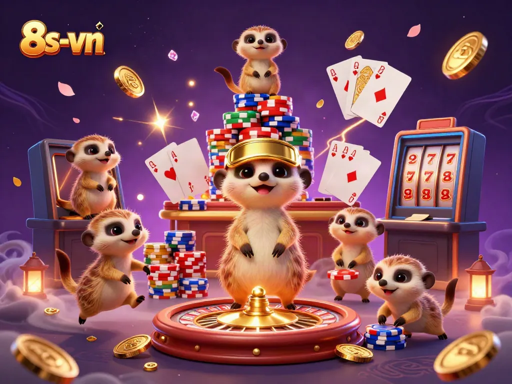 Join the fun at 8s-vn with meerkats in a bustling casino scene filled with coins and excitement.