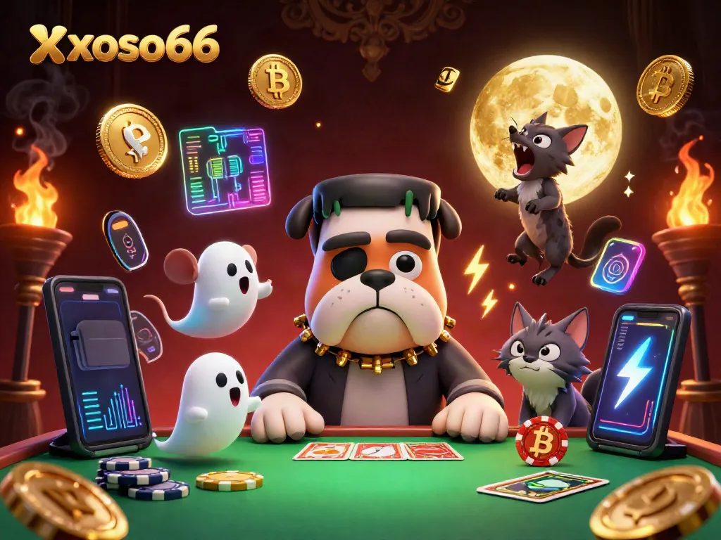 xoso66 showcases lively 3D characters engaging at a casino table under eerie lights.