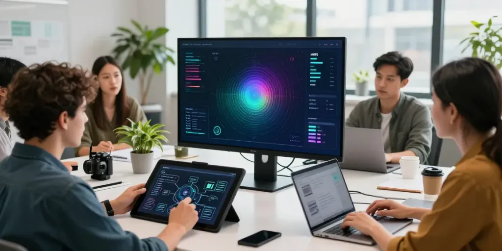 Professionals collaborating on HYPE staking rewards dashboard in a modern workspace.