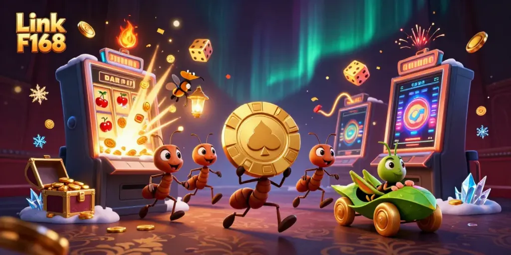 Catch the excitement at Link F168 as ants execute a heist for a giant poker chip amidst a casino extravaganza.