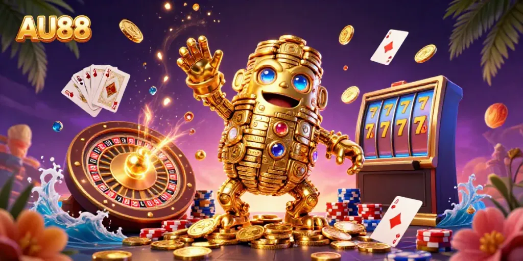 Win big at AU88 in a vibrant casino scene with golden golem, slot machines, and roulette.
