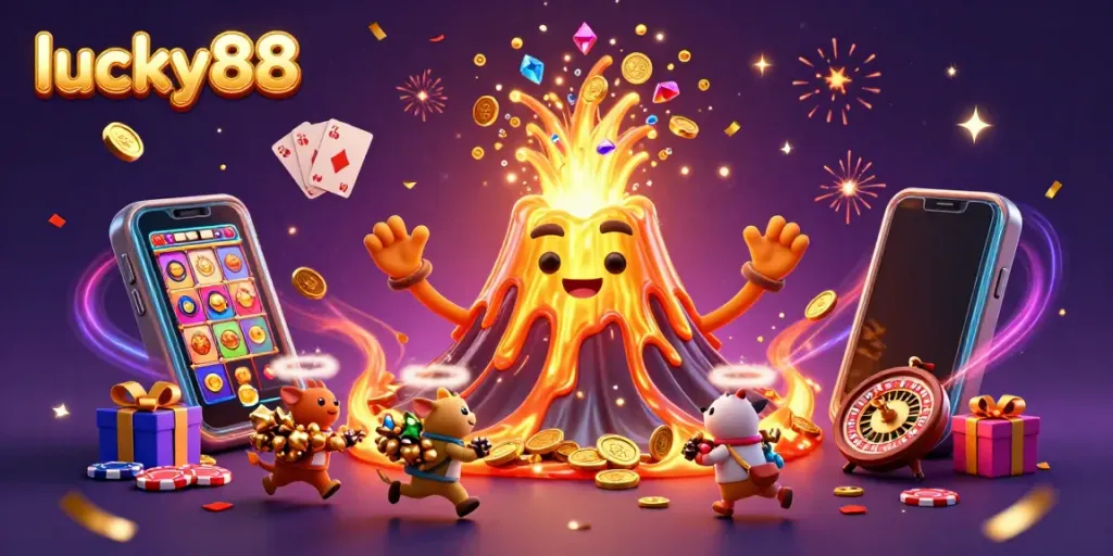 Experience the thrilling eruption of luck at lucky88 with coins and treasures flowing from a volcano in a vibrant casino setting.