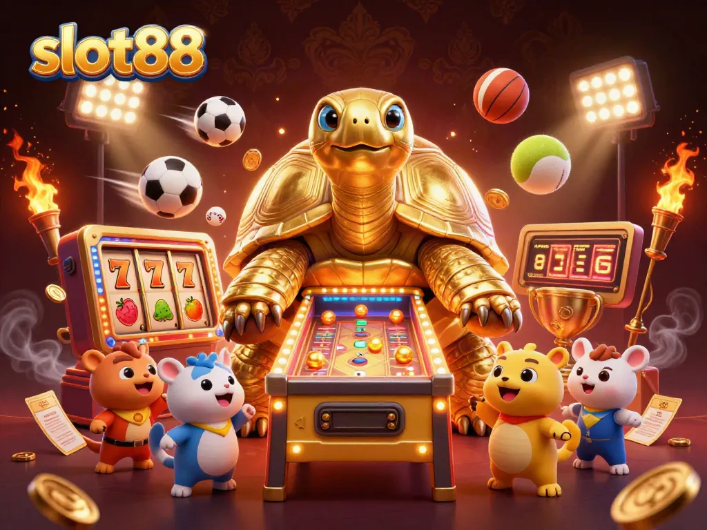 Bermain slot88 dengan simbol keberuntungan di mesin pinball dari kura-kura emas raksasa.