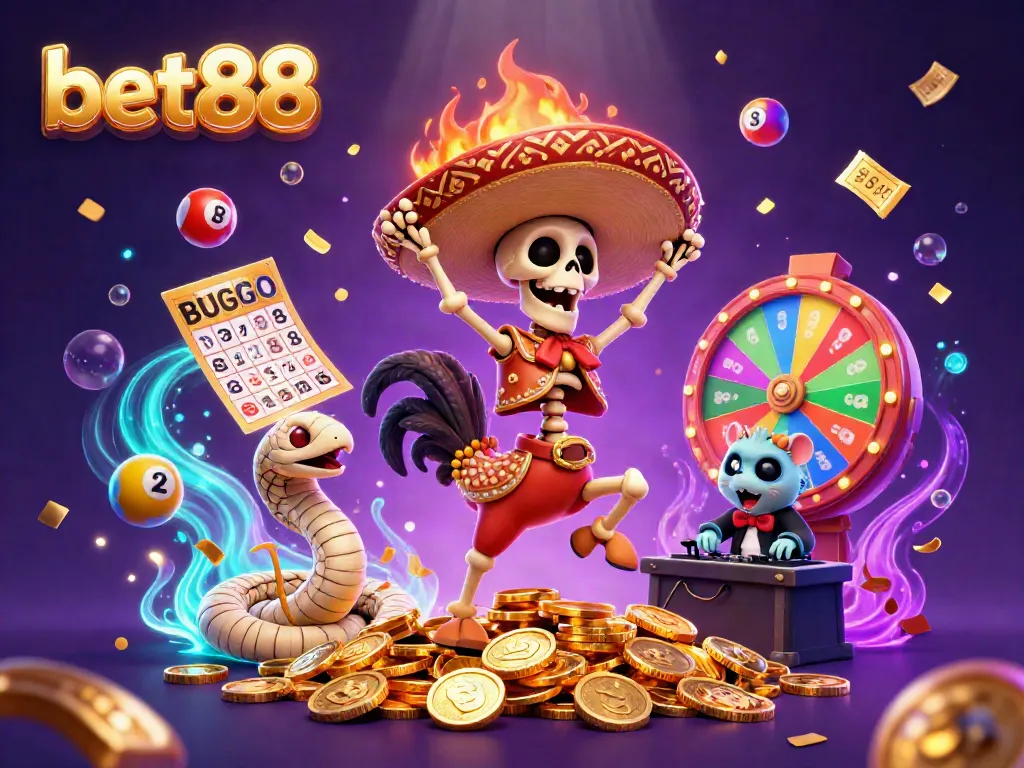 Experience bet88's thrilling victory dance with colorful lottery elements in this vibrant casino illustration.