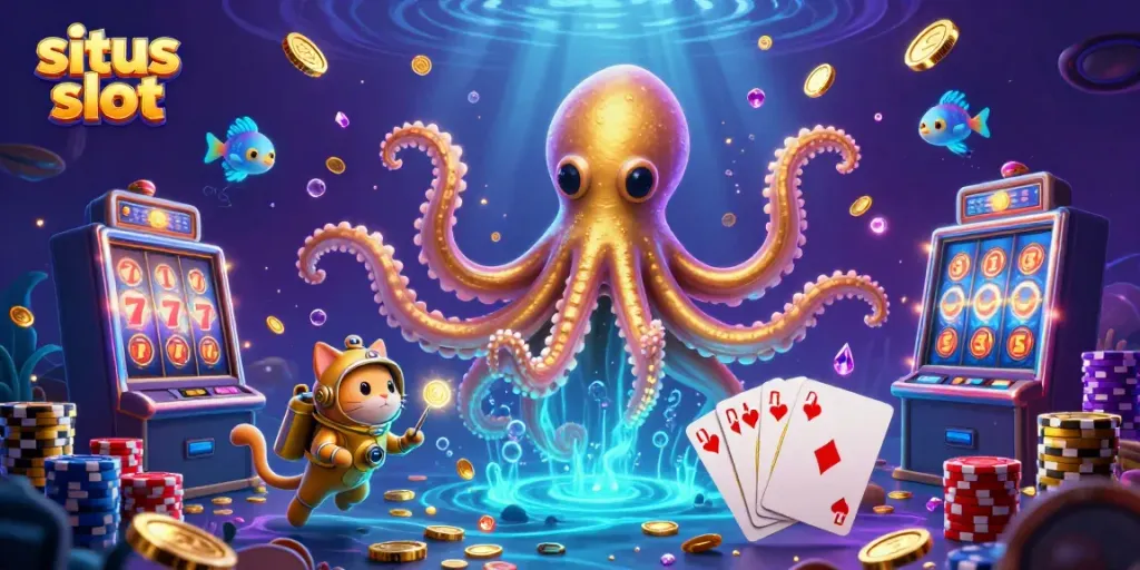 Menangkan situs slot dengan karakter kartun 3D kraken dan slot mesin yang bercahaya.