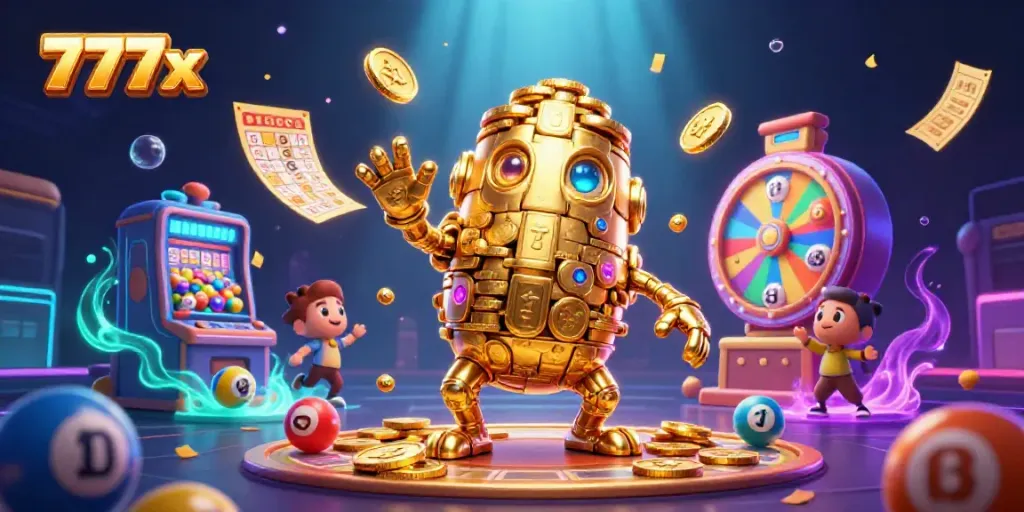 Engaging scene showcasing 777x with a golden golem and dynamic casino elements, captivating action and energy.