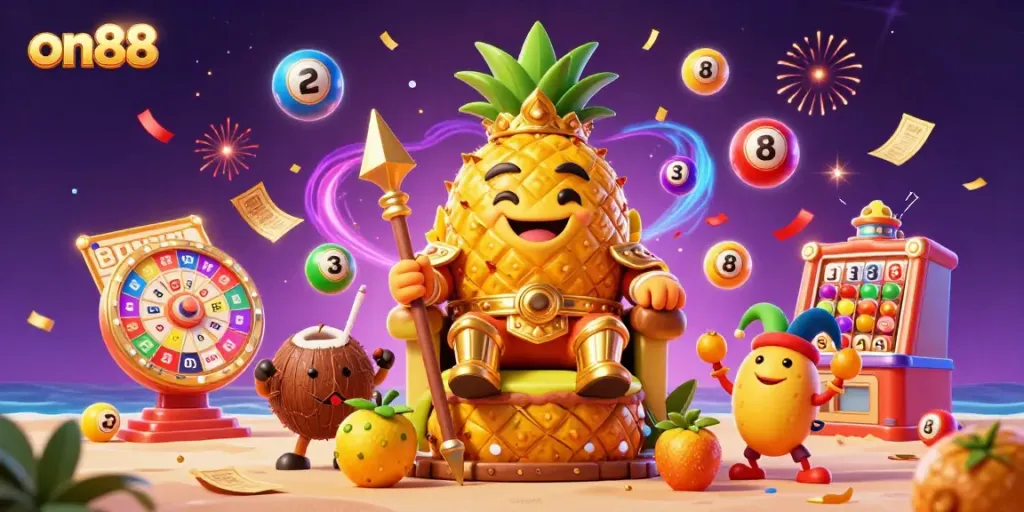 Experience the excitement of on88 with a vibrant casino scene featuring cartoon characters, games, and festive elements.