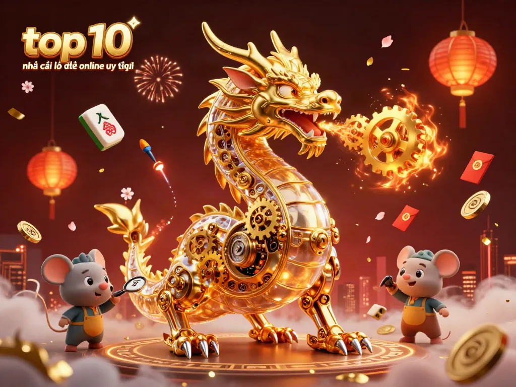 Engage with the top 10 nhà cái lô đề online uy tín featuring a majestic golden dragon breathing gears and cogs.