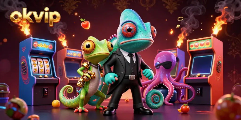 Engage with the vibrant okvip casino scene featuring a Bond-style chameleon, tech-gecko, and villainous octopus.