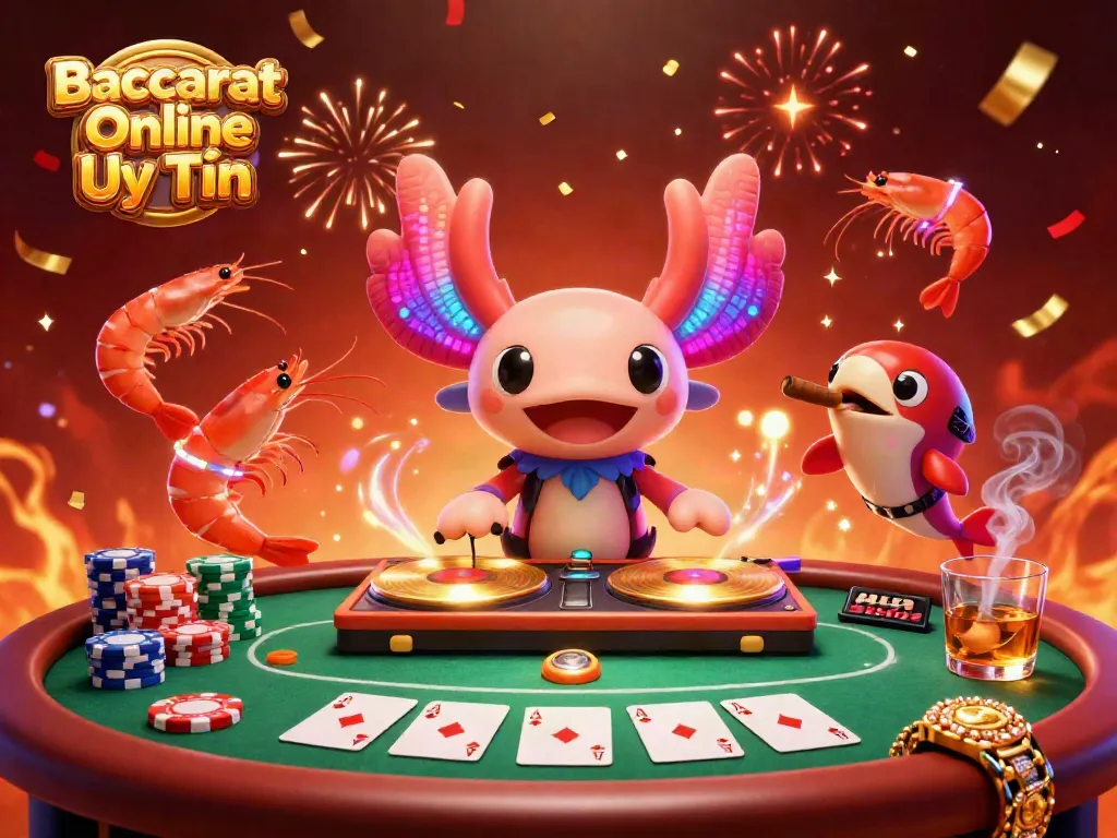 Engaging 3D scene of Baccarat Online Uy Tín featuring a neon axolotl DJ and cheerleading shrimp, with vibrant casino elements.