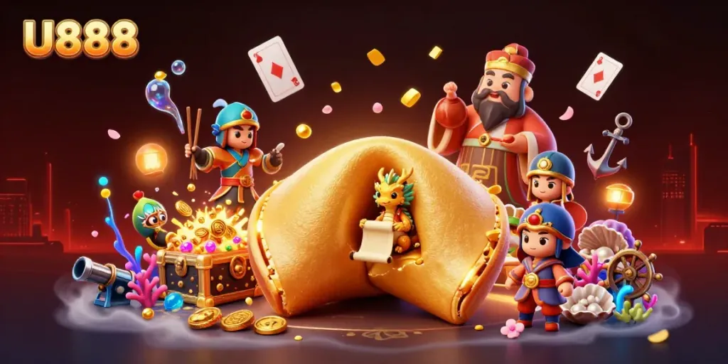 Engage with U888's exciting gambling scene featuring a dragon and fortune cookie amidst gold treasures.