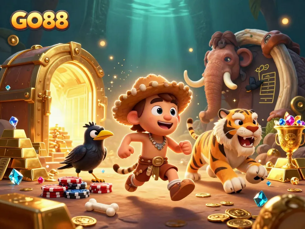 Play exciting games at GO88 casino, featuring caveman and sabertooth characters amidst dazzling treasures.