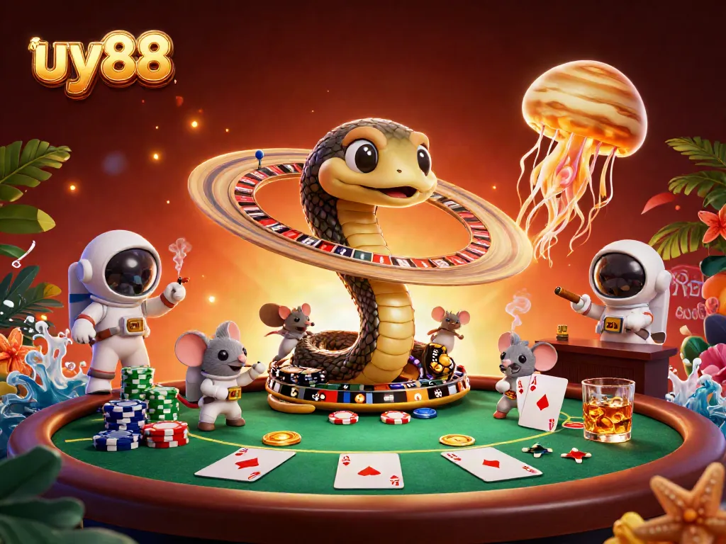 Experience the excitement of uy88 with vibrant casino action featuring playful astronaut mice and a unique cosmic dealer.