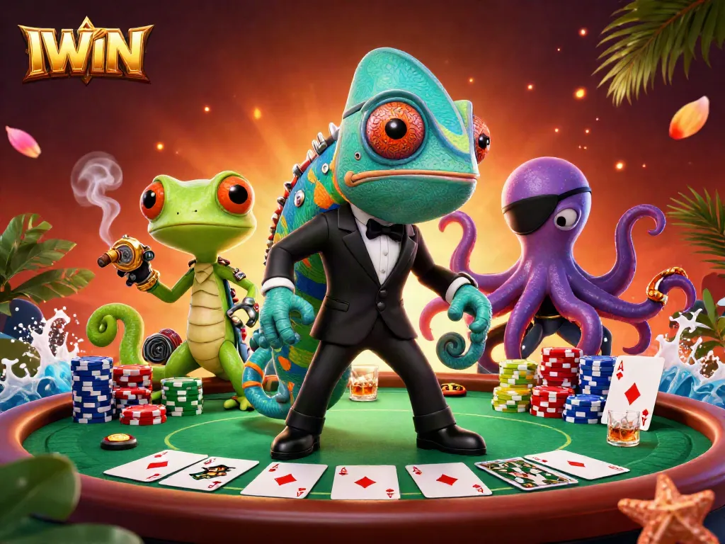 IWIN gaming scene with a colorful 3D chameleon, gecko, and octopus around a vibrant poker table.