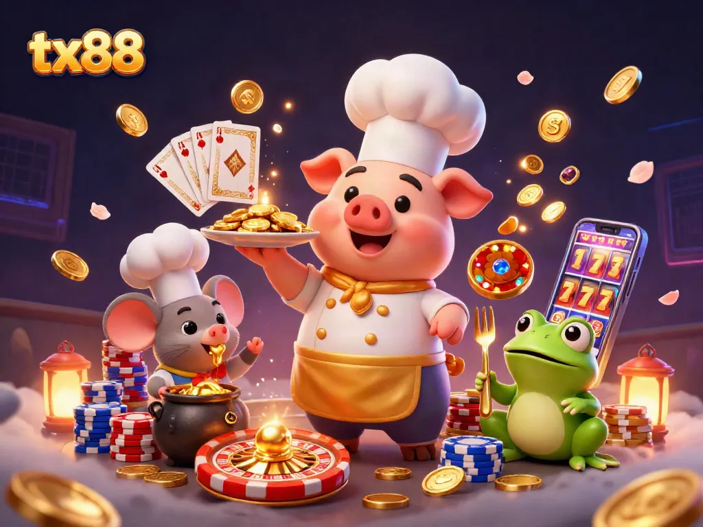 Engage in thrilling gameplay at tx88, with a chef pig serving golden coins amidst casino excitement.