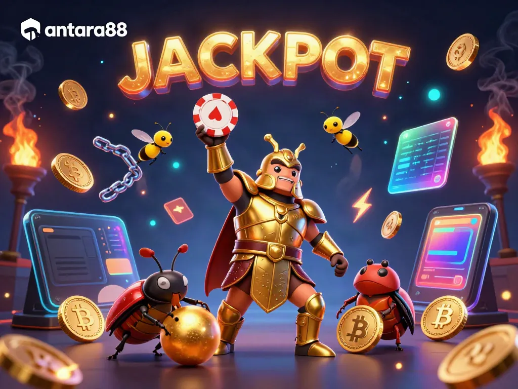 Experience excitement with antara88 as a heroic beetle lifts a poker chip amidst a magical casino scene.