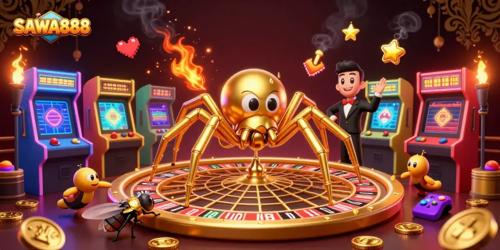 SAWA888 features a golden spider spinning a roulette web, representing vibrant casino gaming.