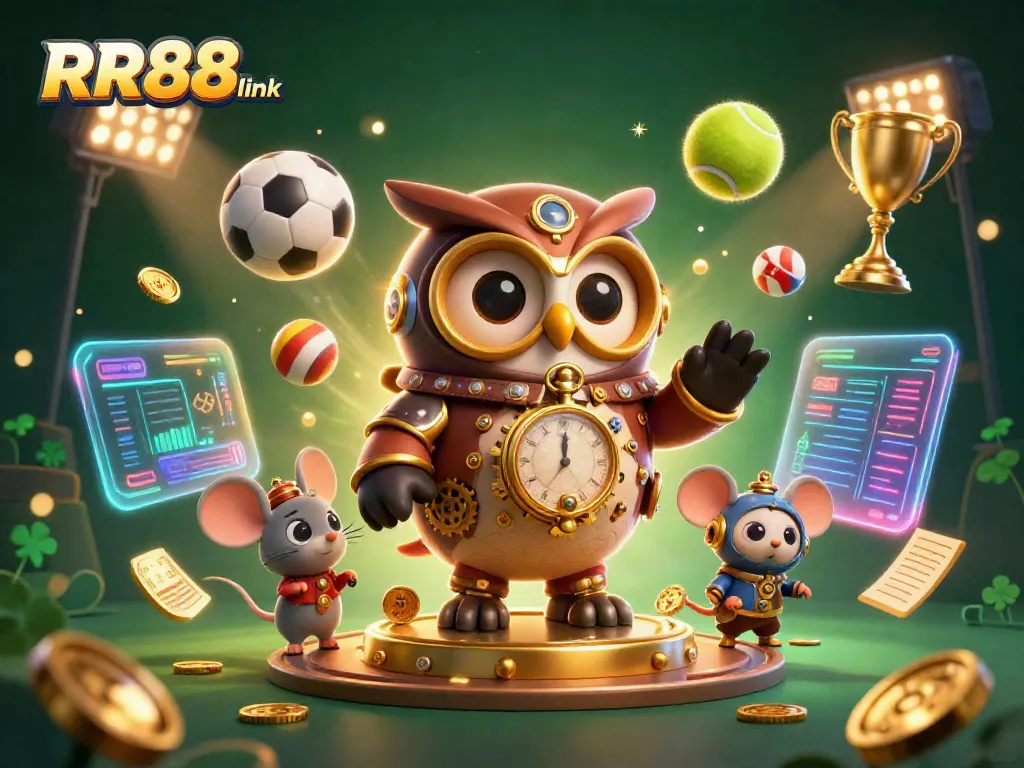 Experience thrilling gaming at RR88 link with a steampunk owl and dynamic sports elements.
