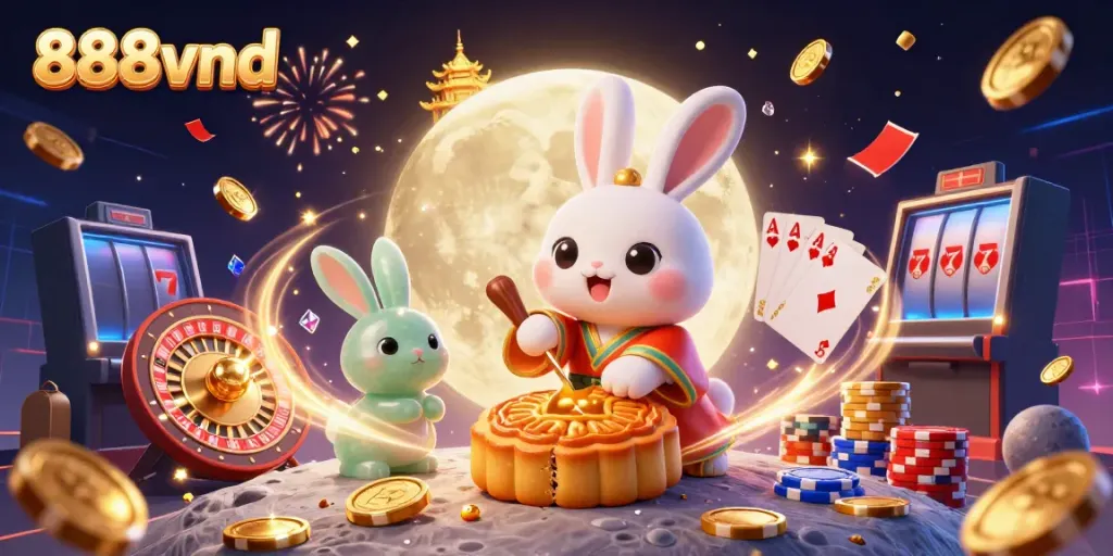 Win big with the unique 888vnd treasure hunt featuring moon rabbits and casino elements.