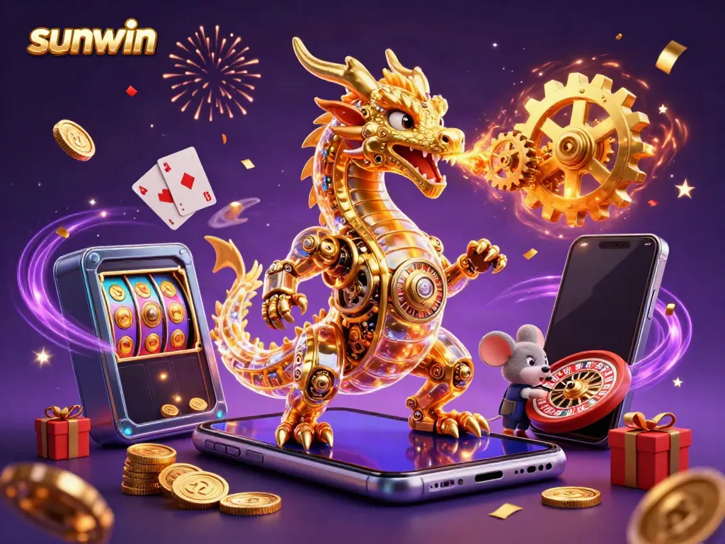 Experience the thrill of sunwin with a biomechanical dragon unleashing jackpots in a dynamic casino scene.