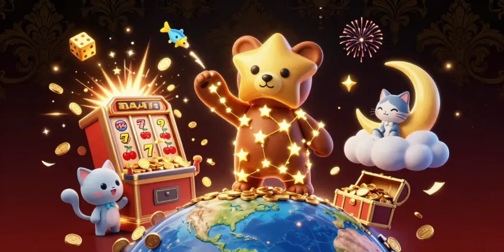 Experience thrilling wins with mm 88 as the constellation bear scoops coins under a vibrant casino-themed night sky.