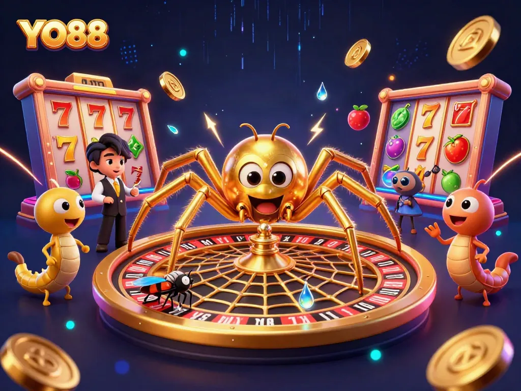 Engage with YO88's thrilling gaming experience featuring a spider web roulette and dynamic elements.