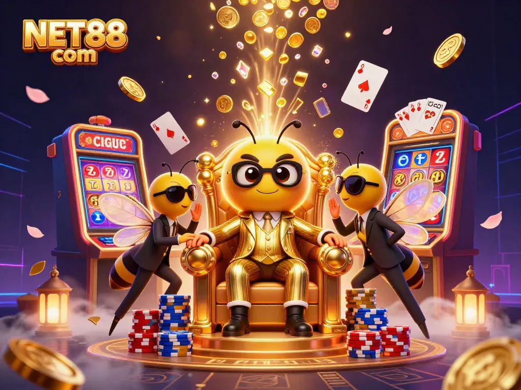 Experience the excitement of NET88 com with a dynamic 3D scene featuring a gambling bumblebee mob boss and vibrant slot elements.