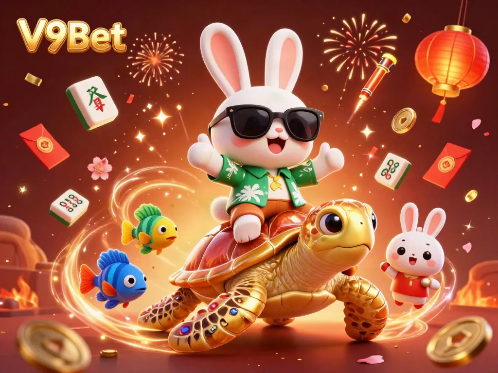 Experience the thrill of betting at V9Bet with a lucky rabbit and golden turtle in a festive casino scene.