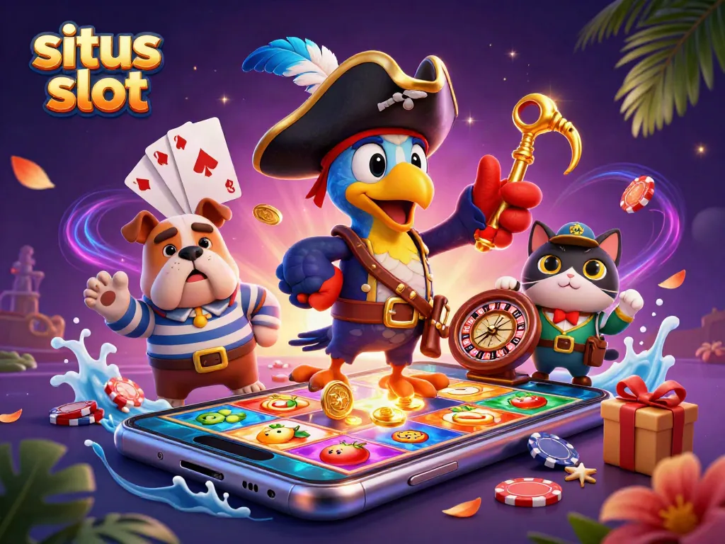 Engage in situs slot with a vibrant cartoon pirate scene featuring a smartphone and slot game elements.