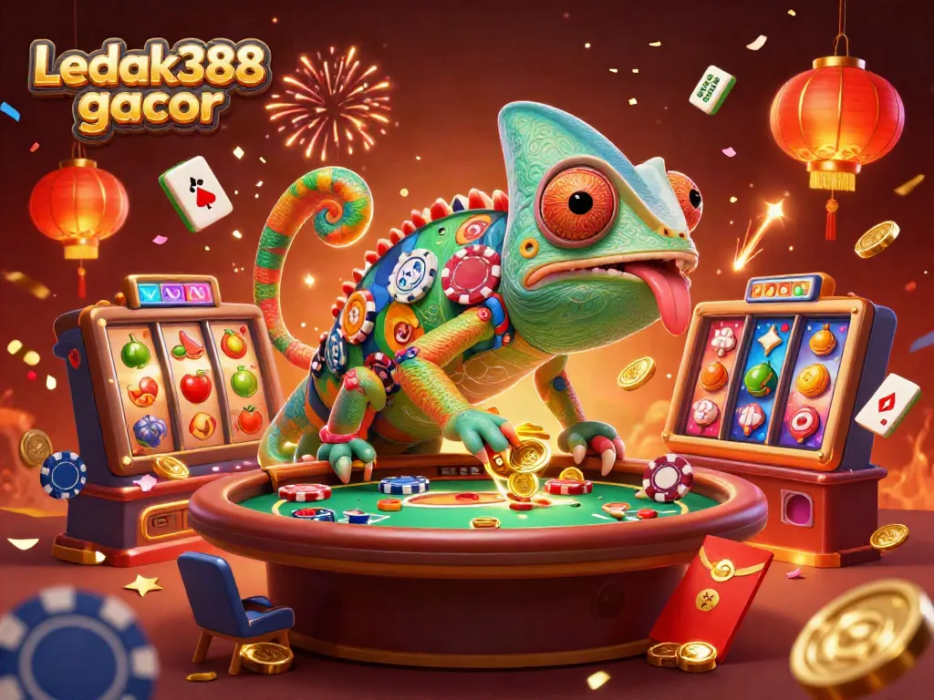 Experience gaming excitement at Ledak388 gacor with vibrant slot reels and colorful poker cards.