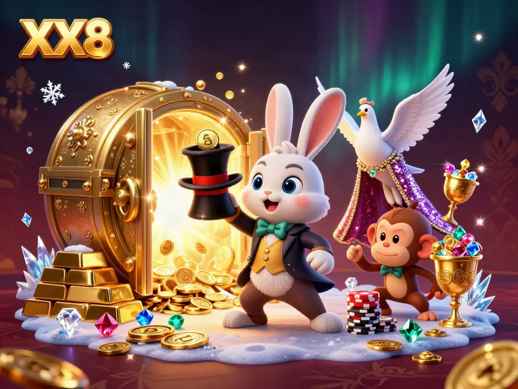 Experience the magic of XX8 with a cartoon magician rabbit, glamorous dove, and playful monkey amidst casino treasures.