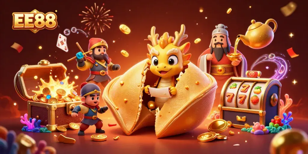 Engage with EE88's dynamic casino adventure featuring golden fortune cookie, dragon, and playful gaming elements.