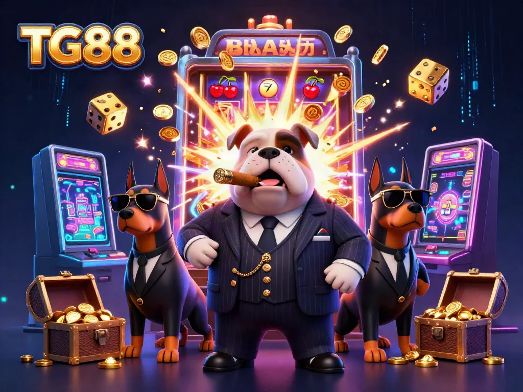 Engage with TG88 in a thrilling casino scene featuring a cartoon mafia boss and dynamic elements.
