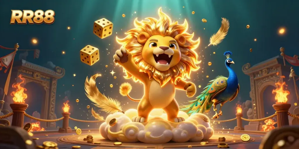 Engage in thrilling gameplay at RR88 as the sun lion triumphantly rules a vibrant casino atmosphere.