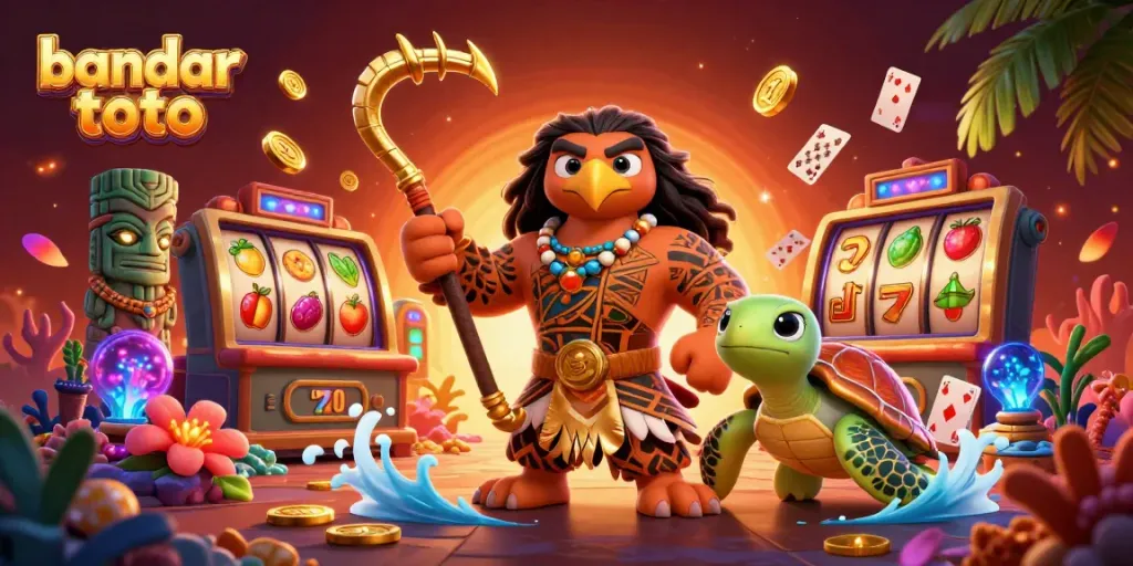 Mainkan bandar toto dengan slot gacor, dikelilingi oleh karakter menarik dan simbol keberuntungan.