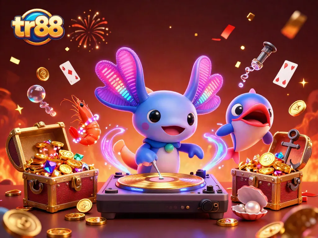 Engage with tr88's vibrant online casino experience featuring a neon axolotl DJ, dancing shrimp, and gold treasure.
