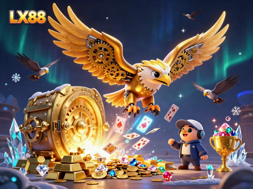 Experience the thrill of winning at LX88 with a dazzling 3D illustration of a golden eagle and vibrant casino elements.