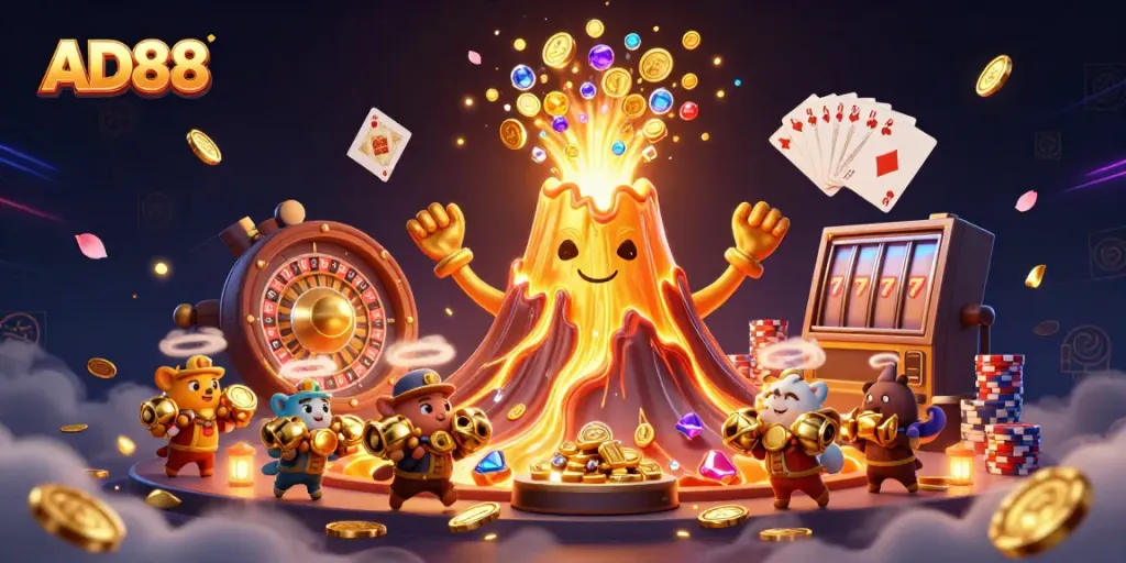 Experience the thrill of AD88's gaming with vibrant treasures and dynamic casino elements.