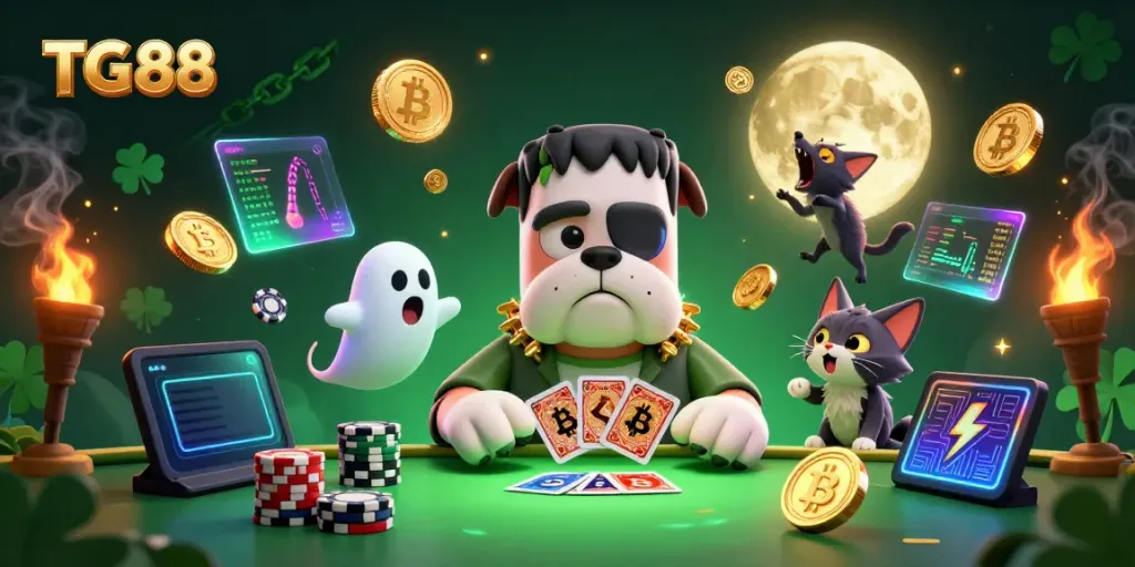 Engage in thrilling casino action with TG 88's unique characters at a vibrant gaming table.