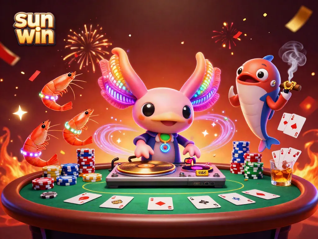 Experience the thrill of sun win at a vibrant casino scene featuring a DJ and animated characters.