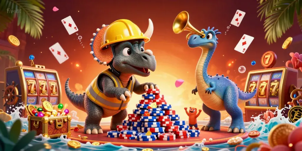 Experience five88's vibrant casino ambiance with a triceratops and friends amidst poker chips and treasure.