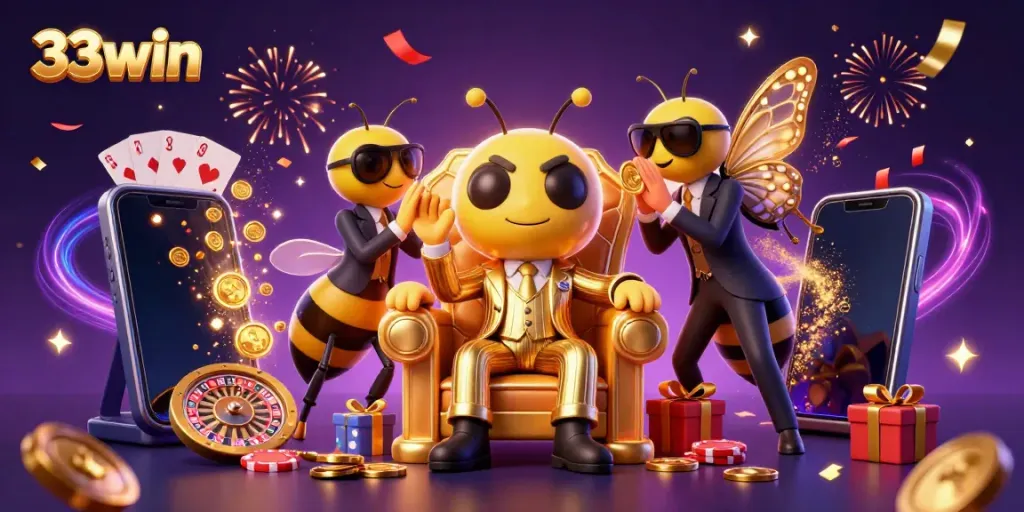 Engage with thrilling 33win casino adventures in this colorful 3D scene of lively characters.
